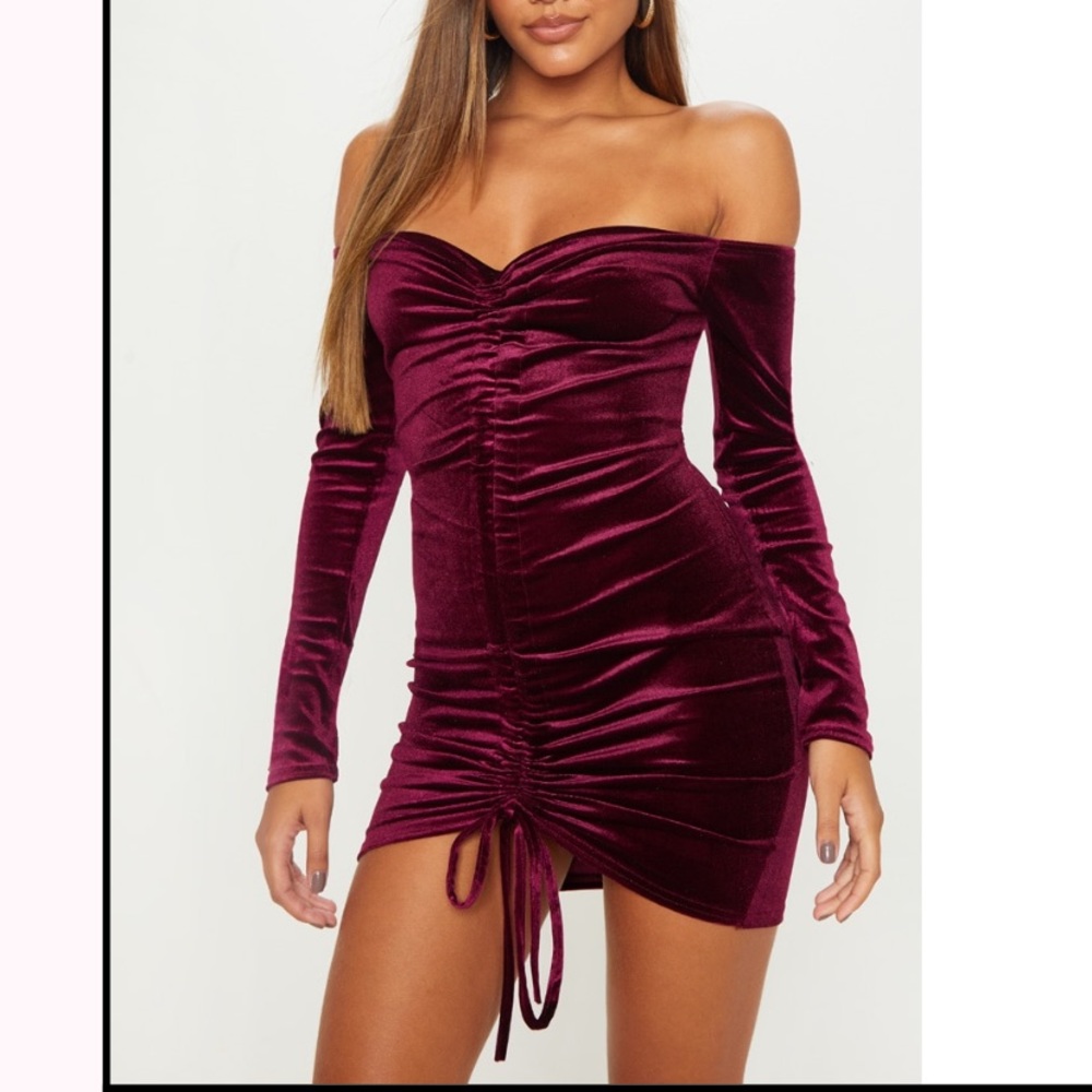 PLT plum velvet bardot long sleeve ruched bodycon